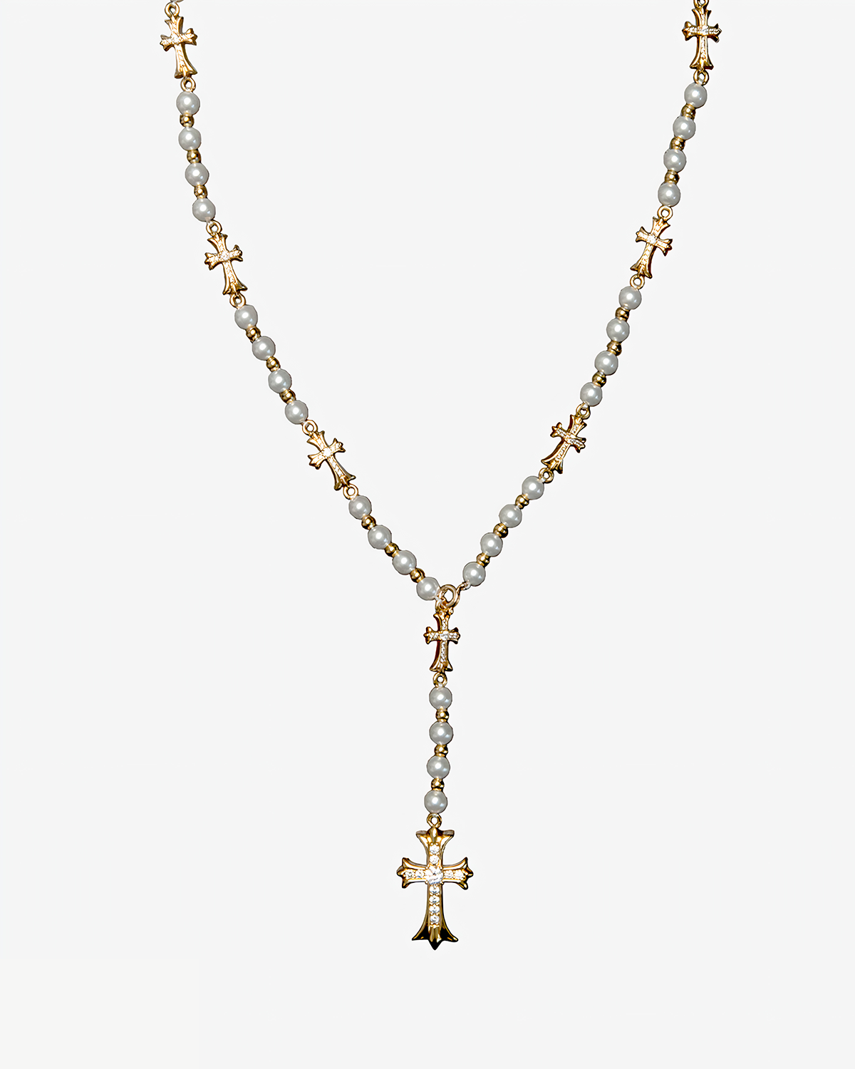 LARIAT PEARL CROSS NECKLACE