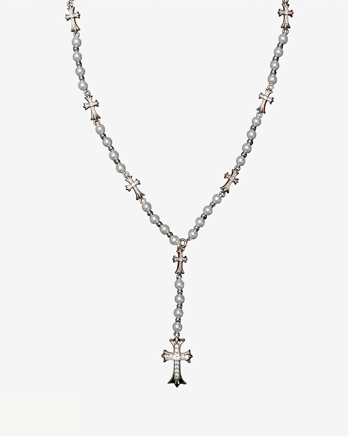LARIAT PEARL CROSS NECKLACE