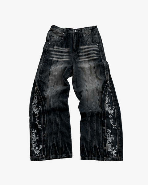 FLORAL ZIP JEANS WASHED BLACK – DeoVolenti