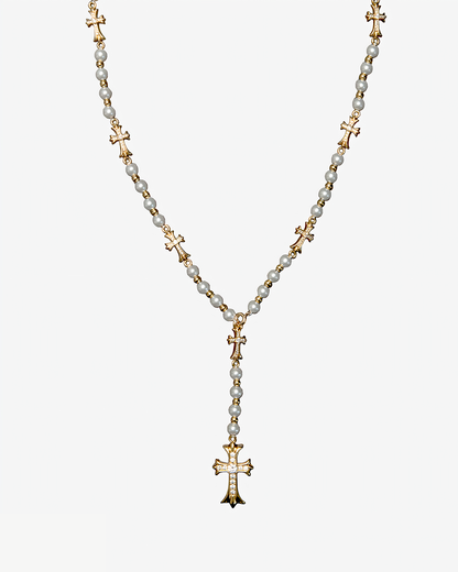 LARIAT PEARL CROSS NECKLACE