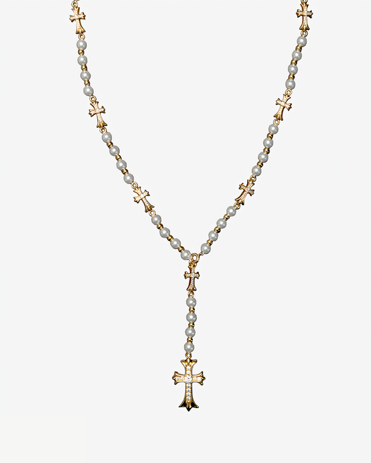 LARIAT PEARL CROSS NECKLACE